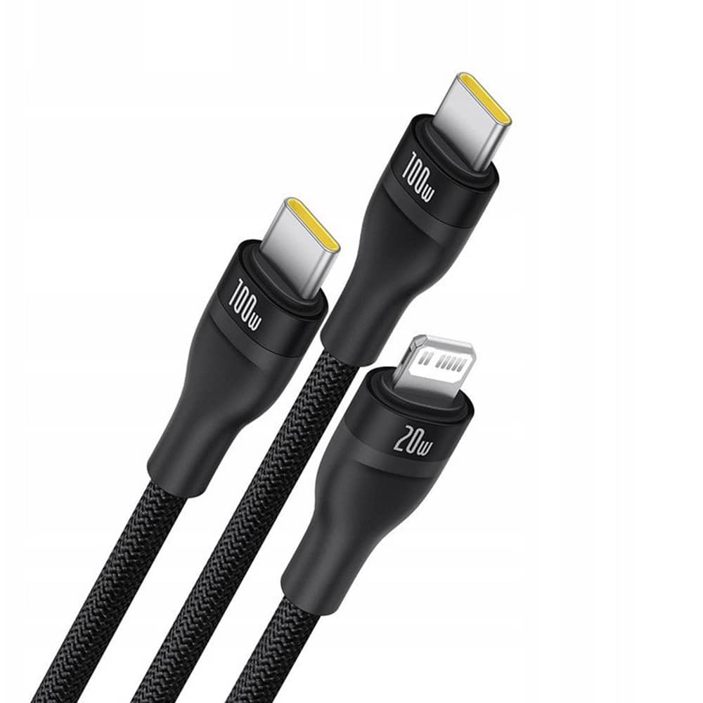 Baseus - Data Καλώδιο Flash Series 3 (p10377502111-00) - Fast Charge, USB-C To 2x USB-C, Lightning, 100w, 480mbps, 1.5m - Black - Image 2