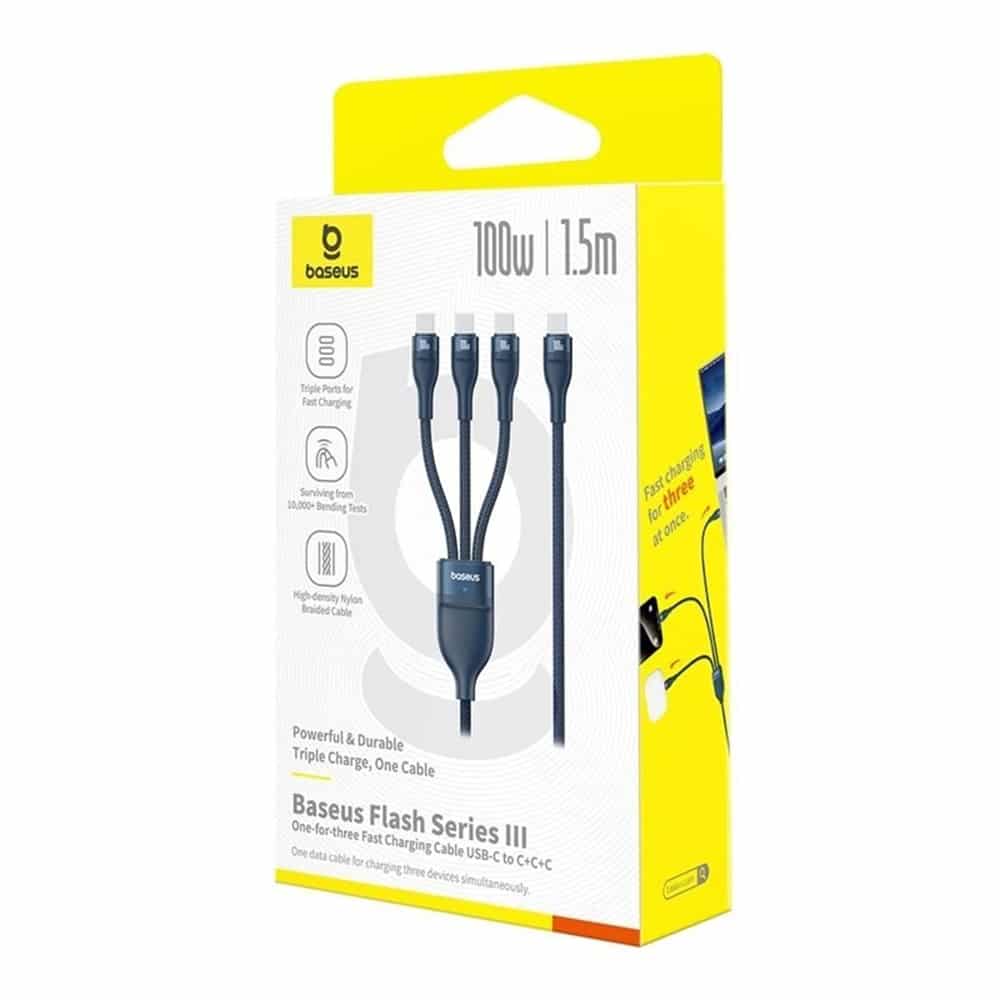 Baseus - Data Καλώδιο Flash Series 3 (p10377503321-00) - Fast Charge, USB-C To 3x Type-C, 3in1, Pd100w, 480mbps, 1.5m - Blue - Image 6