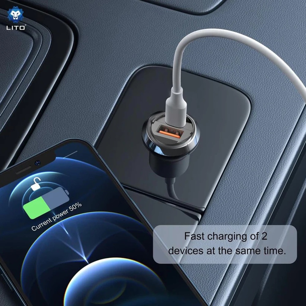 Lito - Car Charger (in-C03) - 1x USB, 1x Type-C, 60w, Fast Charging, Ultra-Mini & Sleek Design, Universal - Black - Image 2