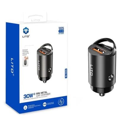 Lito - Car Charger (in-C03) - 1x USB, 1x Type-C, 60w, Fast Charging, Ultra-Mini & Sleek Design, Universal - Black