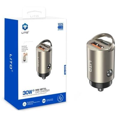 Lito - Car Charger (in-C03) - 1x USB, 1x Type-C, 60w, Fast Charging, Ultra-Mini & Sleek Design, Universal - Gunmetal