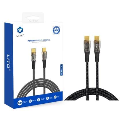 Lito - Data Καλώδιο Transparent (ld01) - Type-C To Type-C, Fast Charging 60w, Braided, Gold Plated Interface, 1.2m - Black