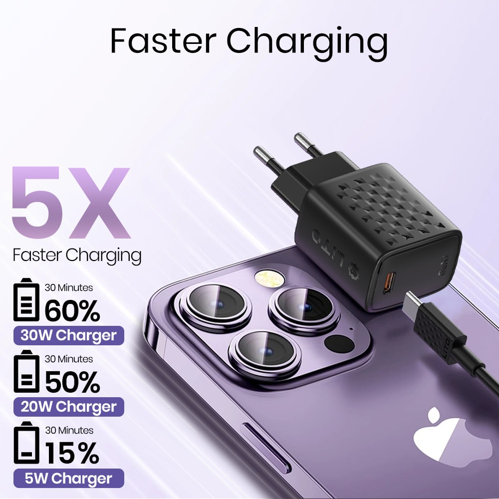 Lito - Wall Charger (lc17l) - With Lightning Καλώδιο Included, Type-C Output, Pd30w, Gan, Pc Fireproof, Eu Plug - Black - Image 4