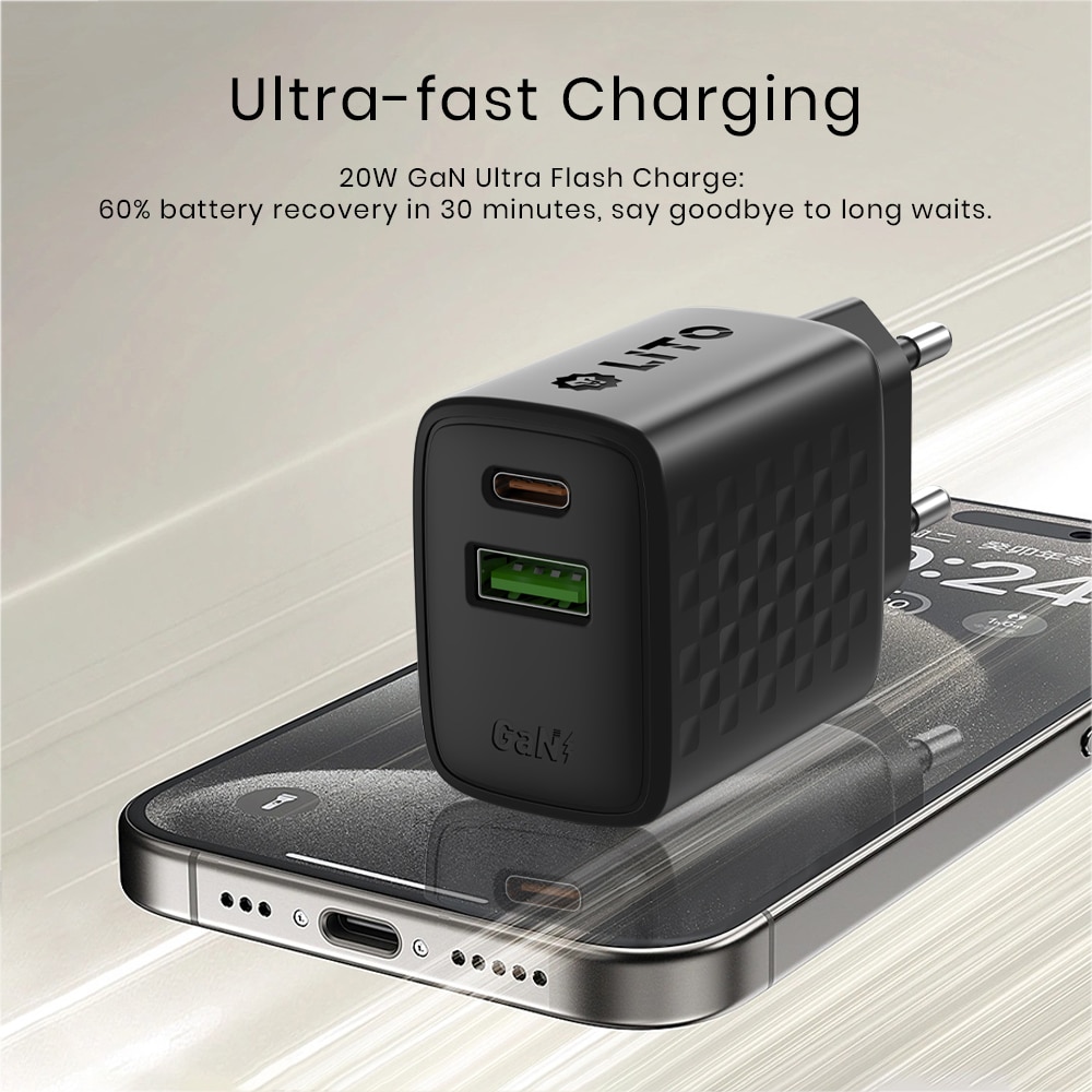 Lito - Wall Charger (lc15) - Type-C, USB Output, Pd20w, Gan, Pc Fireproof, Eu Plug - Black - Image 3