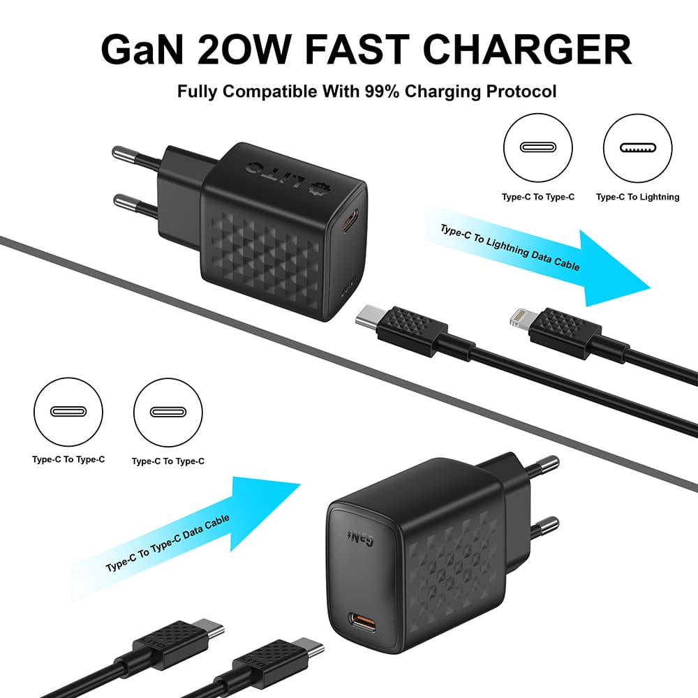 Lito - Wall Charger (lc13t) - With Type-C Καλώδιο Included, Type-C, Pd20w, Gan, Pc Fireproof, Eu Plug - Black - Image 2