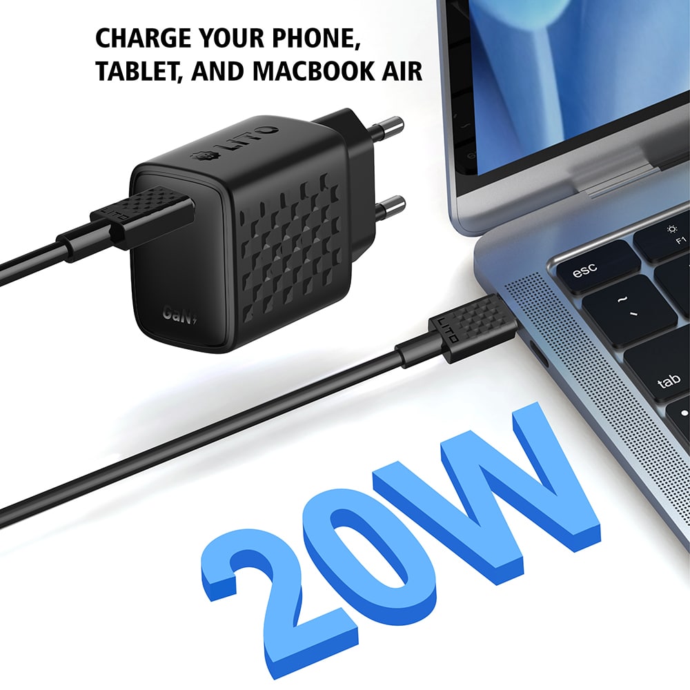 Lito - Wall Charger (lc13t) - With Type-C Καλώδιο Included, Type-C, Pd20w, Gan, Pc Fireproof, Eu Plug - Black - Image 3
