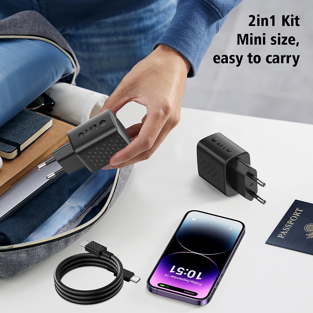 Lito - Wall Charger (lc13t) - With Type-C Καλώδιο Included, Type-C, Pd20w, Gan, Pc Fireproof, Eu Plug - Black - Image 4