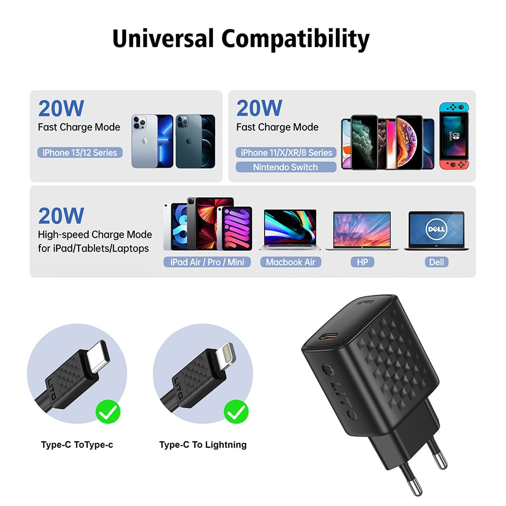 Lito - Wall Charger (lc13l) - With Lightning Καλώδιο Included, Type-C, Pd20w, Gan, Pc Fireproof, Eu Plug - Black - Image 3