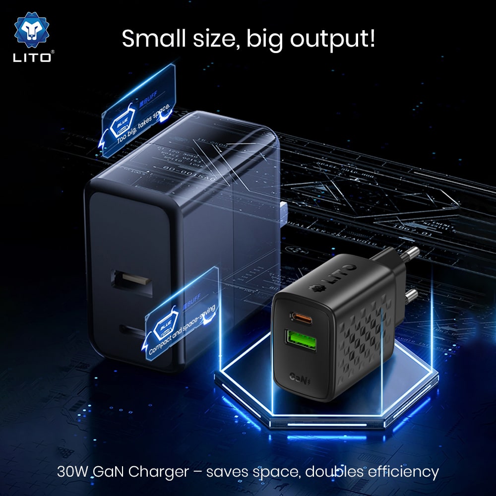 Lito - Wall Charger (lc19) - Type-C, USB Output, Pd30w, Gan, Pc Fireproof, Eu Plug - Black - Image 6