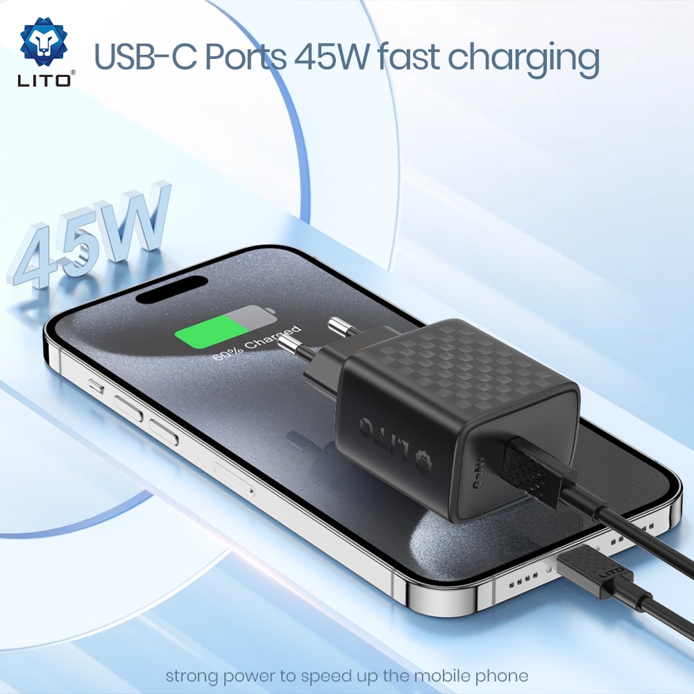 Lito - Wall Charger (lc20) - Type-C Output, Pd45w, Gan, Pc Fireproof, Eu Plug - Black - Image 3