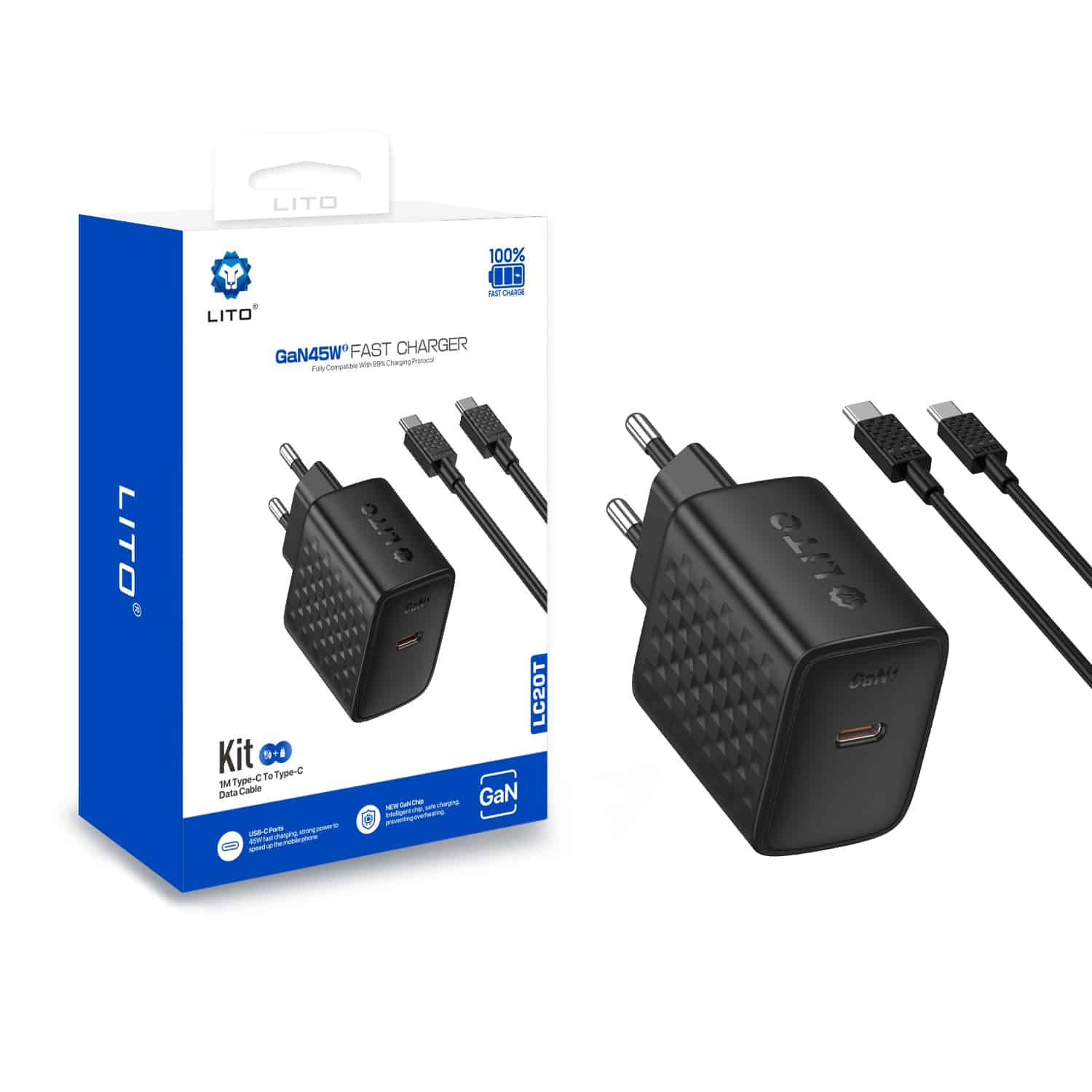 Lito - Wall Charger (lc20t) - With Type-C Καλώδιο Included, Type-C Output, Pd45w, Gan, Pc Fireproof, Eu Plug - Black - Image 6