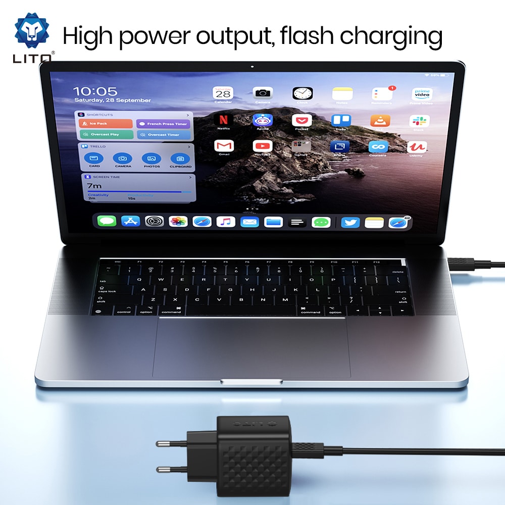 Lito - Wall Charger (lc20t) - With Type-C Καλώδιο Included, Type-C Output, Pd45w, Gan, Pc Fireproof, Eu Plug - Black - Image 2