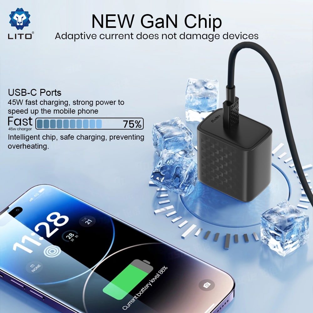 Lito - Wall Charger (lc20t) - With Type-C Καλώδιο Included, Type-C Output, Pd45w, Gan, Pc Fireproof, Eu Plug - Black - Image 3
