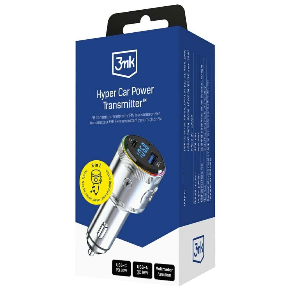 3mk Hyper Car Power Transmitter 48w Qc Pd Pps USB-C/usb-A Με Μεταδότης Ήχου Ασημί - Image 8