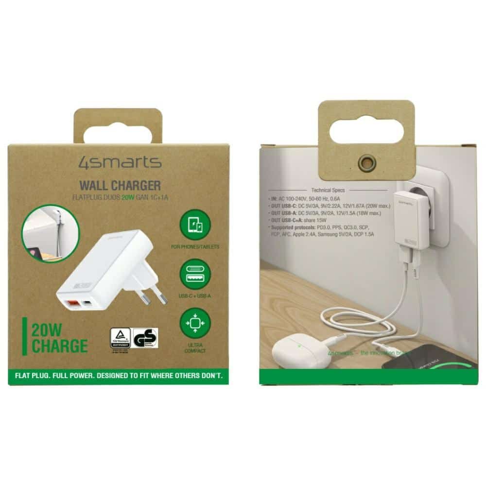 Φορτιστής Τοίχου 4smarts Flatplug Duos 20w Gan USB-C + USB-A Λευκός - Image 7