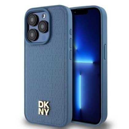 DKNY Δερμάτινη Monogram Pattern με Μεταλλικό Λογότυπο MagSafe - θήκη για Apple iPhone 15 Pro - Μπλε