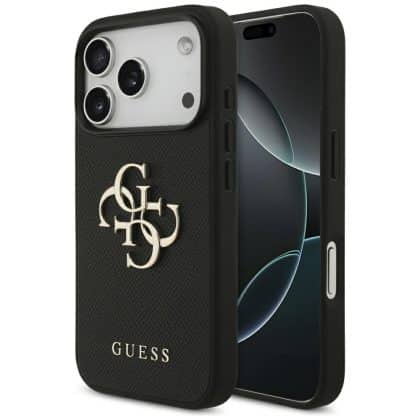 Θήκη Guess Grained Big 4g & Κλασικό Λογότυπο Για iPhone 17 Pro Μαύρη