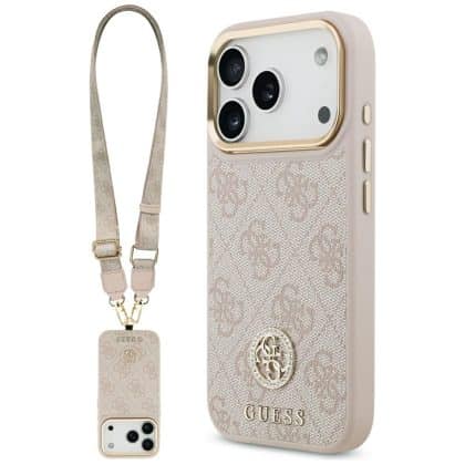 Θήκη Guess 4g Strass Logo & Big Strap Με Μεταλλικά Κουμπιά Magsafe Για iPhone 17 Pro Ροζ