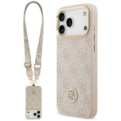 Θήκη Guess 4g Strass Logo & Big Strap Μεταλλικά Κουμπιά Magsafe Για iPhone 17 Pro Max Ροζ