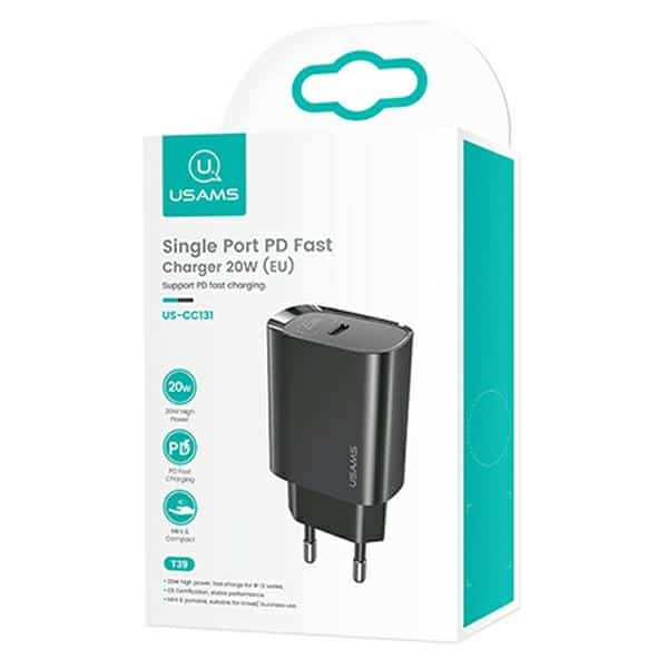 Φορτιστής Τοίχου Usams T39 1xusb-C 20w (μόνο Κεφάλι) Pd3.0 Γρήγορη Φόρτιση Μαύρος Cc131tc01 (us-Cc131) - Image 2