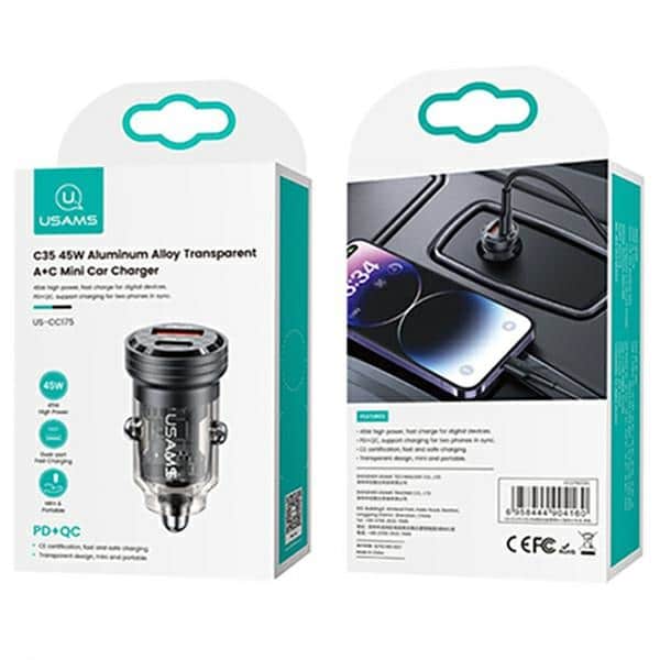 Usams Car Charger C35 USB+usb-C 45w Fast Charge Black Cc175cc01 (us-Cc175) - Image 12
