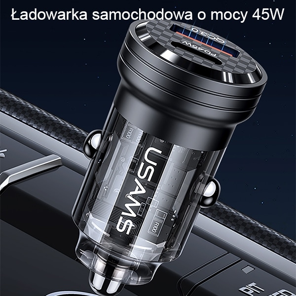 Usams Car Charger C35 USB+usb-C 45w Fast Charge Black Cc175cc01 (us-Cc175) - Image 2