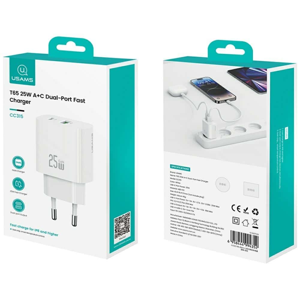 Wall Charger Usams Cc315 T65 25w 1xusb-C 1xusb-A Fast Charging White - Image 2