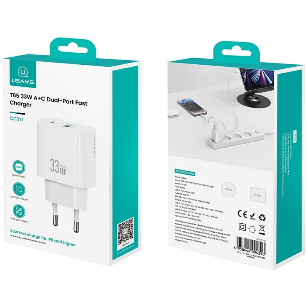 Wall Charger Usams Cc317 T65 33w 1xusb-C 1xusb-A Fast Charging White - Image 2