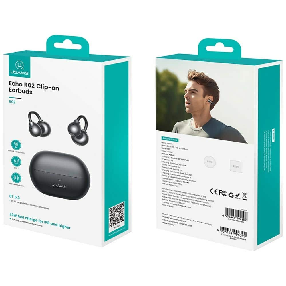 Earphones Bluetooth Usams Echo R02 Clip-On Wireless Grey - Image 11