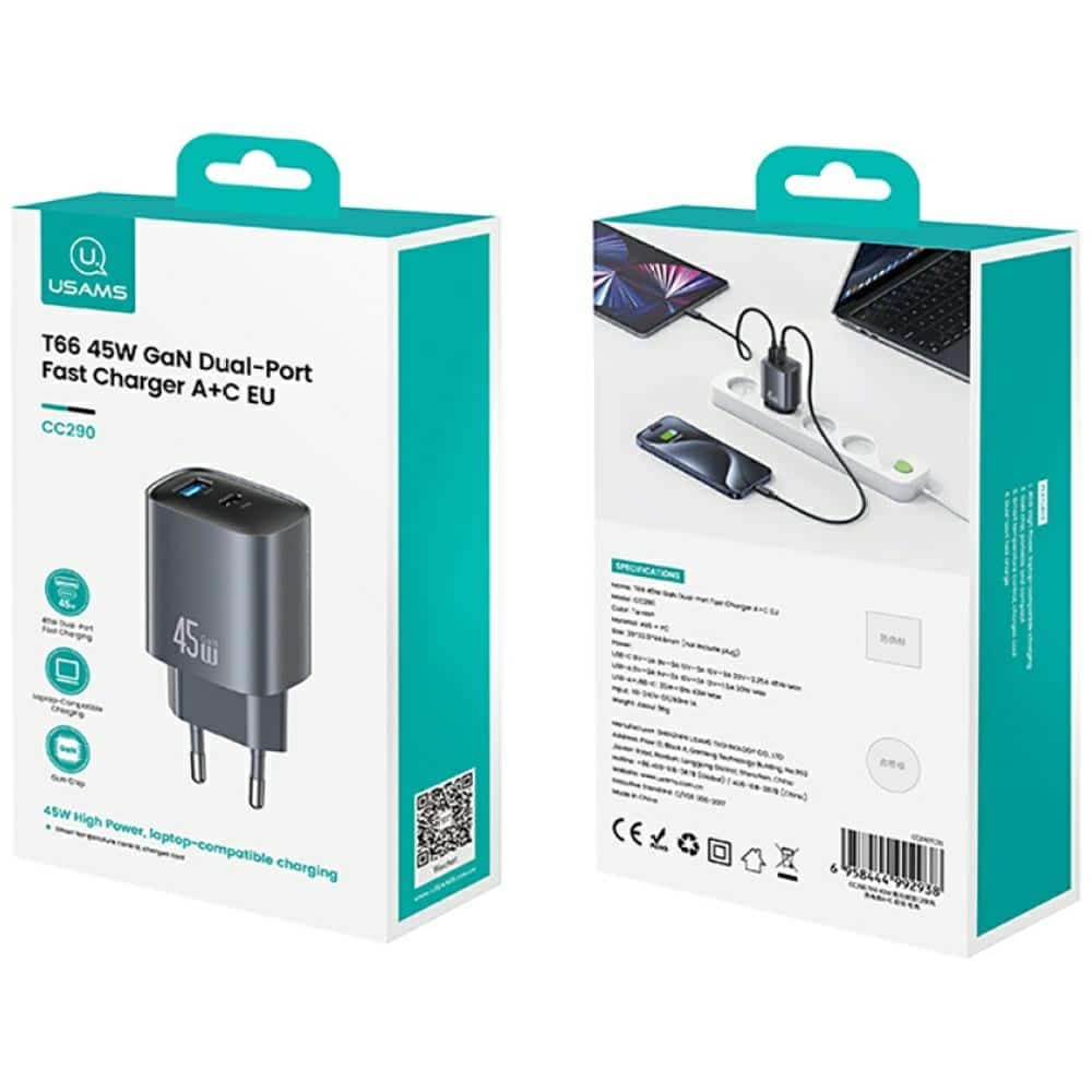 Wall Charger Usams Cc290 T66 45w Gan 1xusb-A 1xusb-C Silver - Image 11