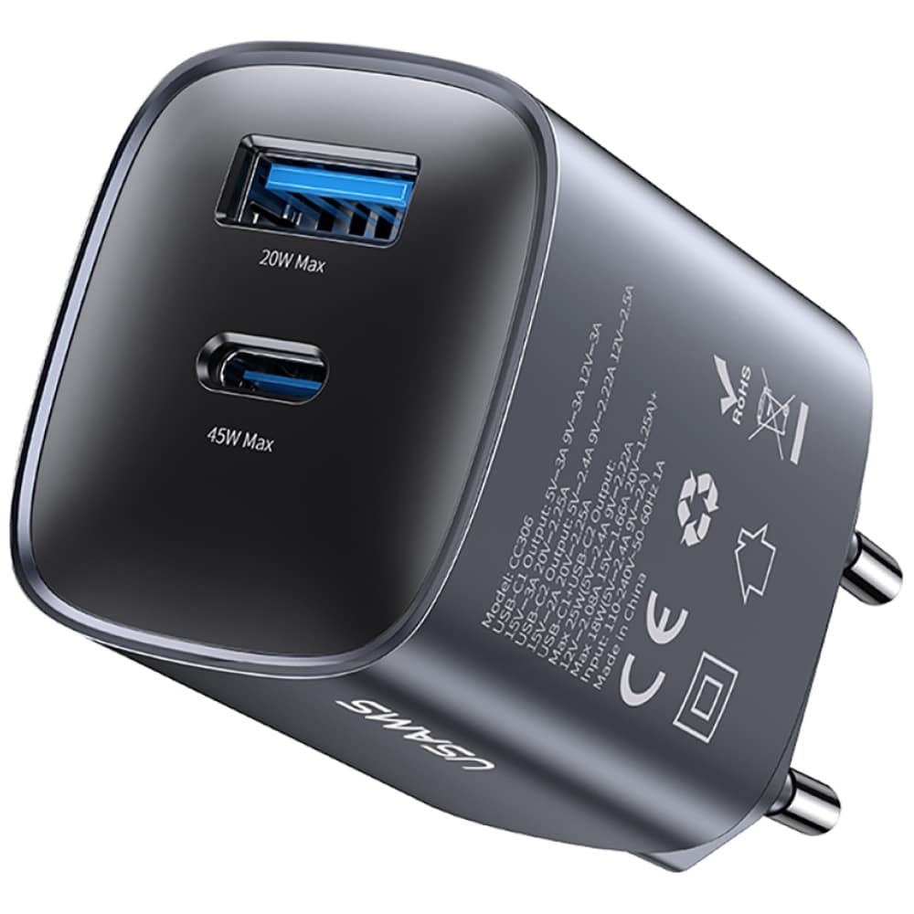 Wall Charger Usams Cc290 T66 45w Gan 1xusb-A 1xusb-C Silver - Image 2