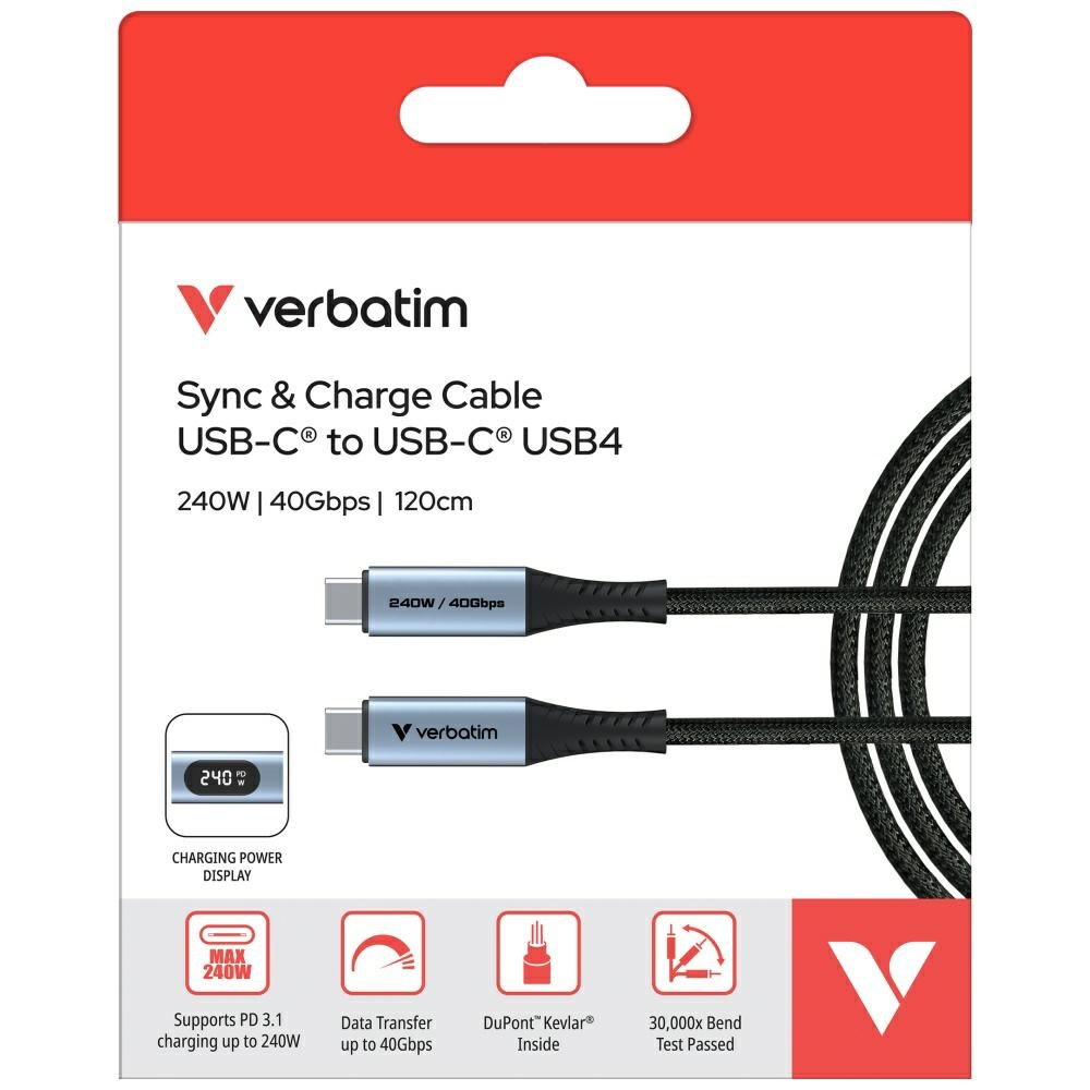 Καλώδιο Verbatim Sync & Charge USB-C To USB-C 40gb/s 240w Display 120cm Black 31849 - Image 7