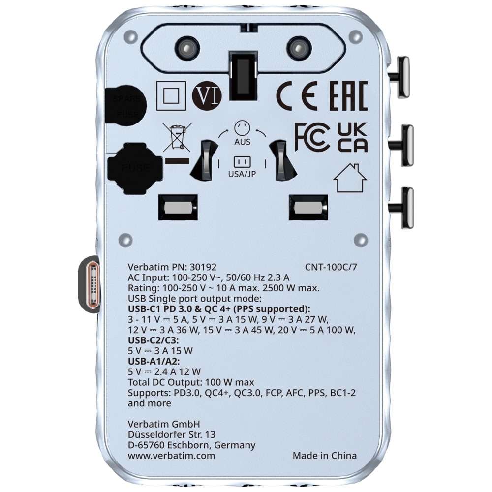 Verbatim Ταξιδιωτικός Αντάπτορας Eu/uk/us Gan Με 2xusb-C, 2xusb-A Και 1xusb-C Pd 100w Σε Μπλε Χρώμα 30192 - Image 2
