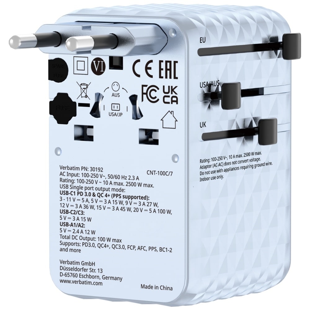 Verbatim Ταξιδιωτικός Αντάπτορας Eu/uk/us Gan Με 2xusb-C, 2xusb-A Και 1xusb-C Pd 100w Σε Μπλε Χρώμα 30192 - Image 3