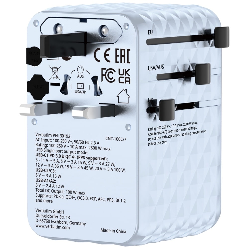 Verbatim Ταξιδιωτικός Αντάπτορας Eu/uk/us Gan Με 2xusb-C, 2xusb-A Και 1xusb-C Pd 100w Σε Μπλε Χρώμα 30192 - Image 5