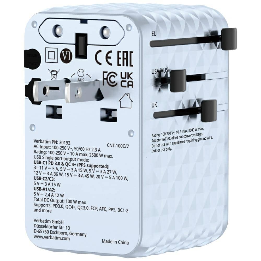 Verbatim Ταξιδιωτικός Αντάπτορας Eu/uk/us Gan Με 2xusb-C, 2xusb-A Και 1xusb-C Pd 100w Σε Μπλε Χρώμα 30192 - Image 6