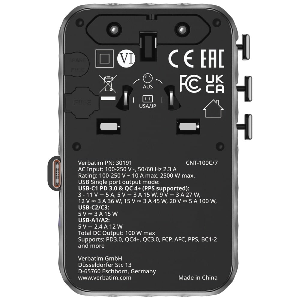 Verbatim Αντάπτορας Ταξιδίου Eu/uk/us Gan Με 2xusb-C/2xusb-A/1xusb-C Pd 100w Μαύρος 30191 - Image 2
