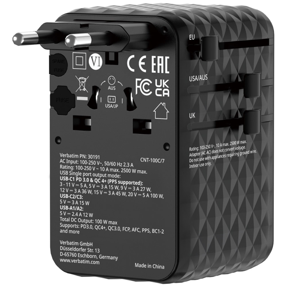 Verbatim Αντάπτορας Ταξιδίου Eu/uk/us Gan Με 2xusb-C/2xusb-A/1xusb-C Pd 100w Μαύρος 30191 - Image 3