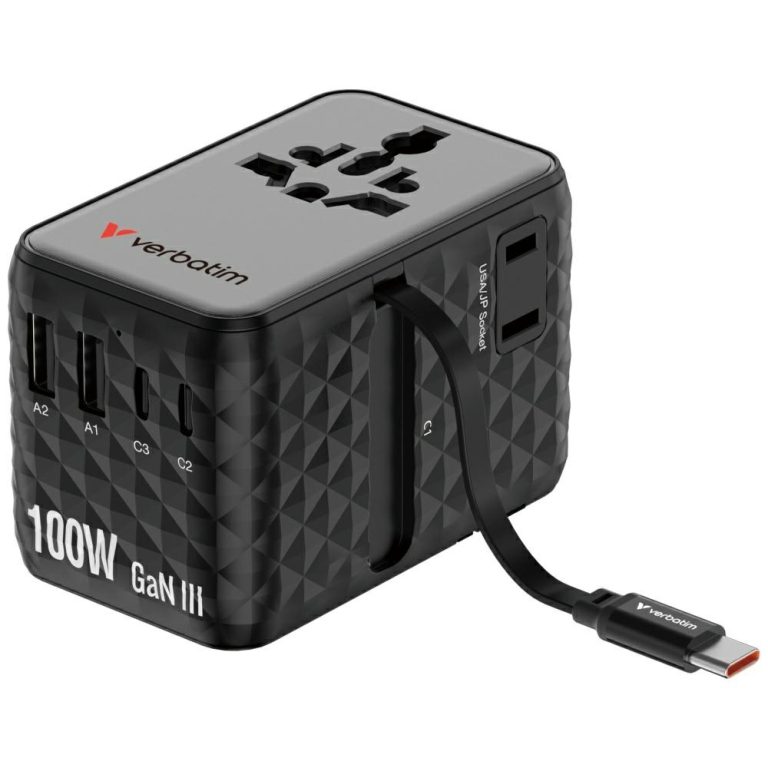 Universal αντάπτορας ταξιδιού Verbatim GaN 100W για πρίζες EU, UK και US, με θύρες USB-C και USB-A