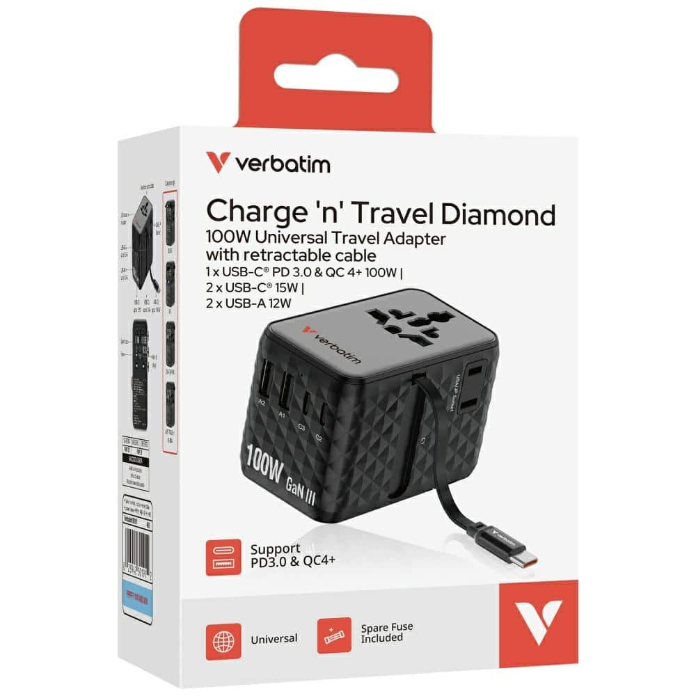 Verbatim Αντάπτορας Ταξιδίου Eu/uk/us Gan Με 2xusb-C/2xusb-A/1xusb-C Pd 100w Μαύρος 30191 - Image 7