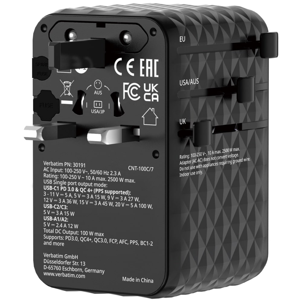 Verbatim Αντάπτορας Ταξιδίου Eu/uk/us Gan Με 2xusb-C/2xusb-A/1xusb-C Pd 100w Μαύρος 30191 - Image 5