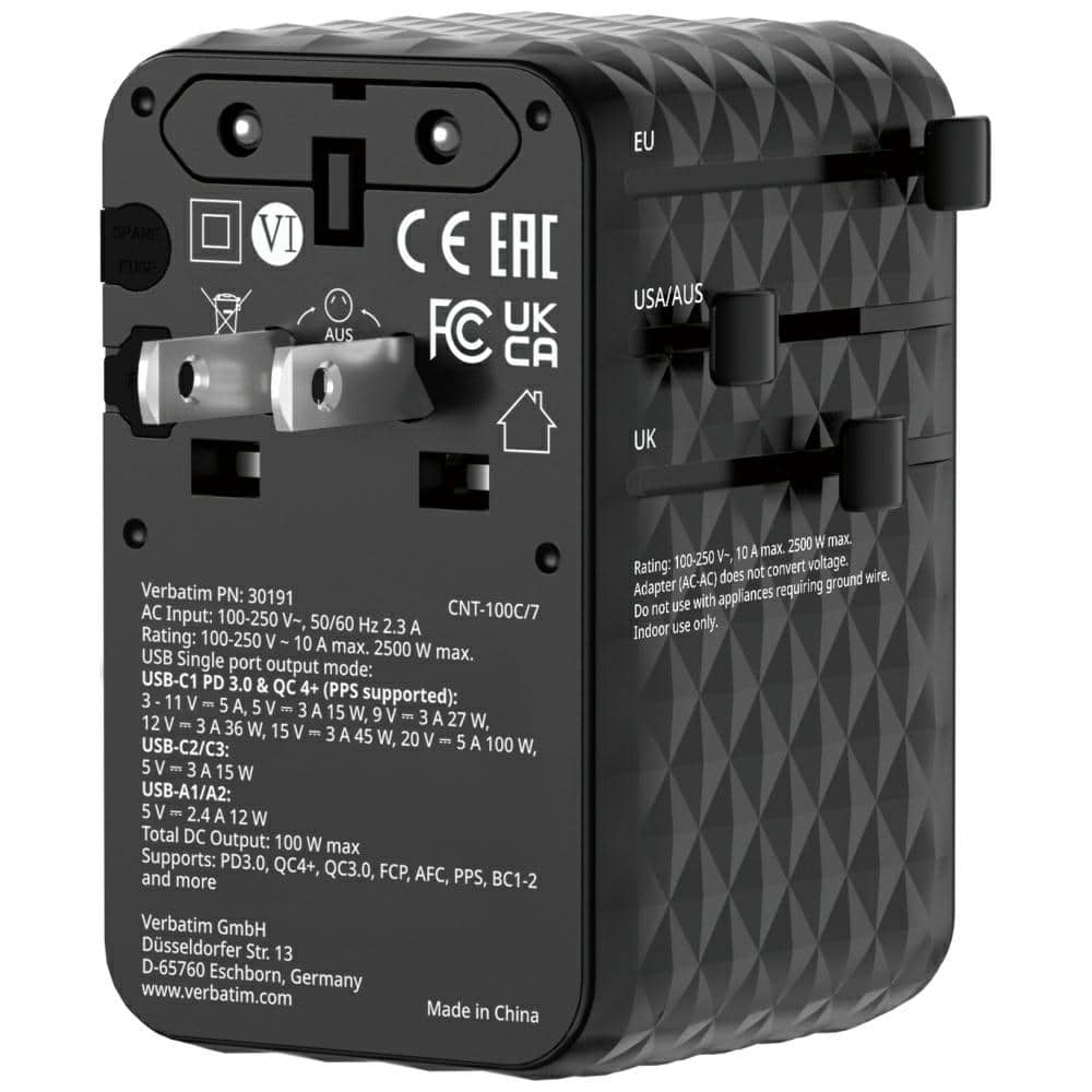 Verbatim Αντάπτορας Ταξιδίου Eu/uk/us Gan Με 2xusb-C/2xusb-A/1xusb-C Pd 100w Μαύρος 30191 - Image 6