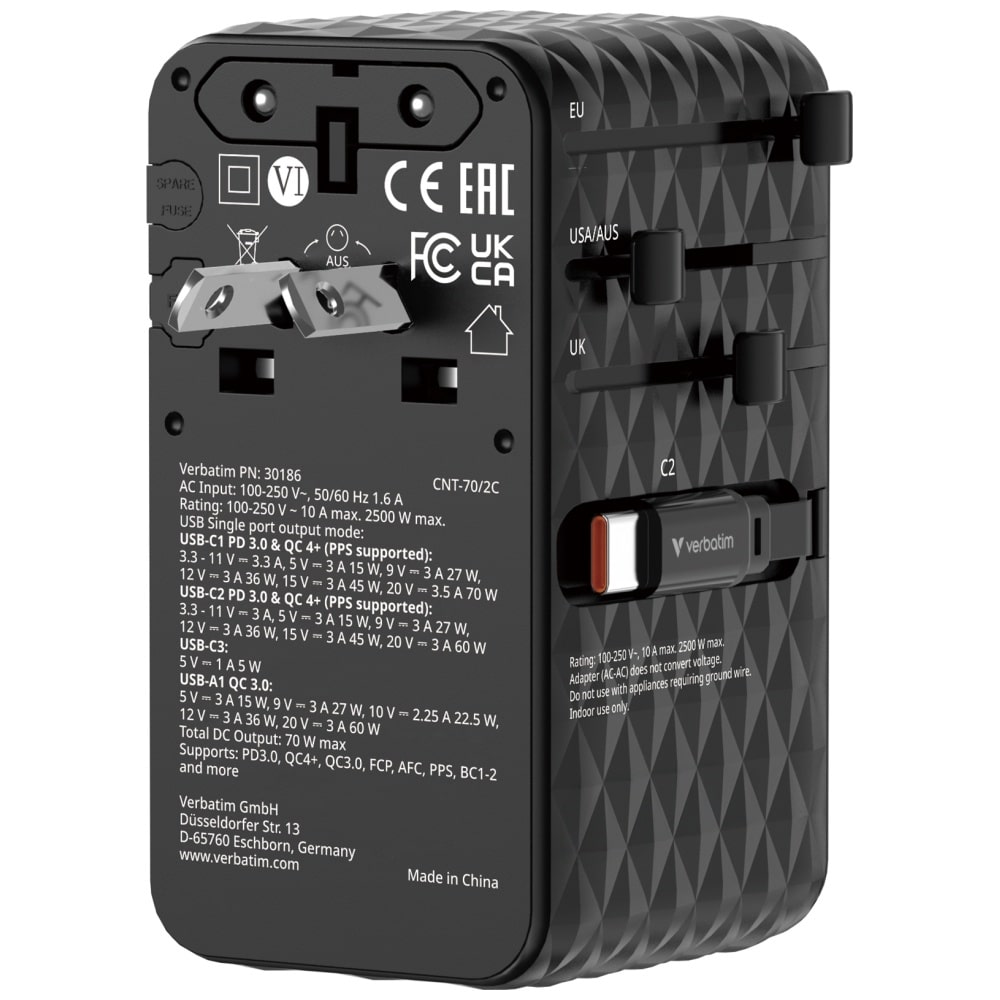 Verbatim Ταξιδιωτικός Αντάπτορας Eu/uk/us Gan 1xusb-C/1xusb-A/2xusb-C Pd 70w Μαύρος 30186 - Image 2