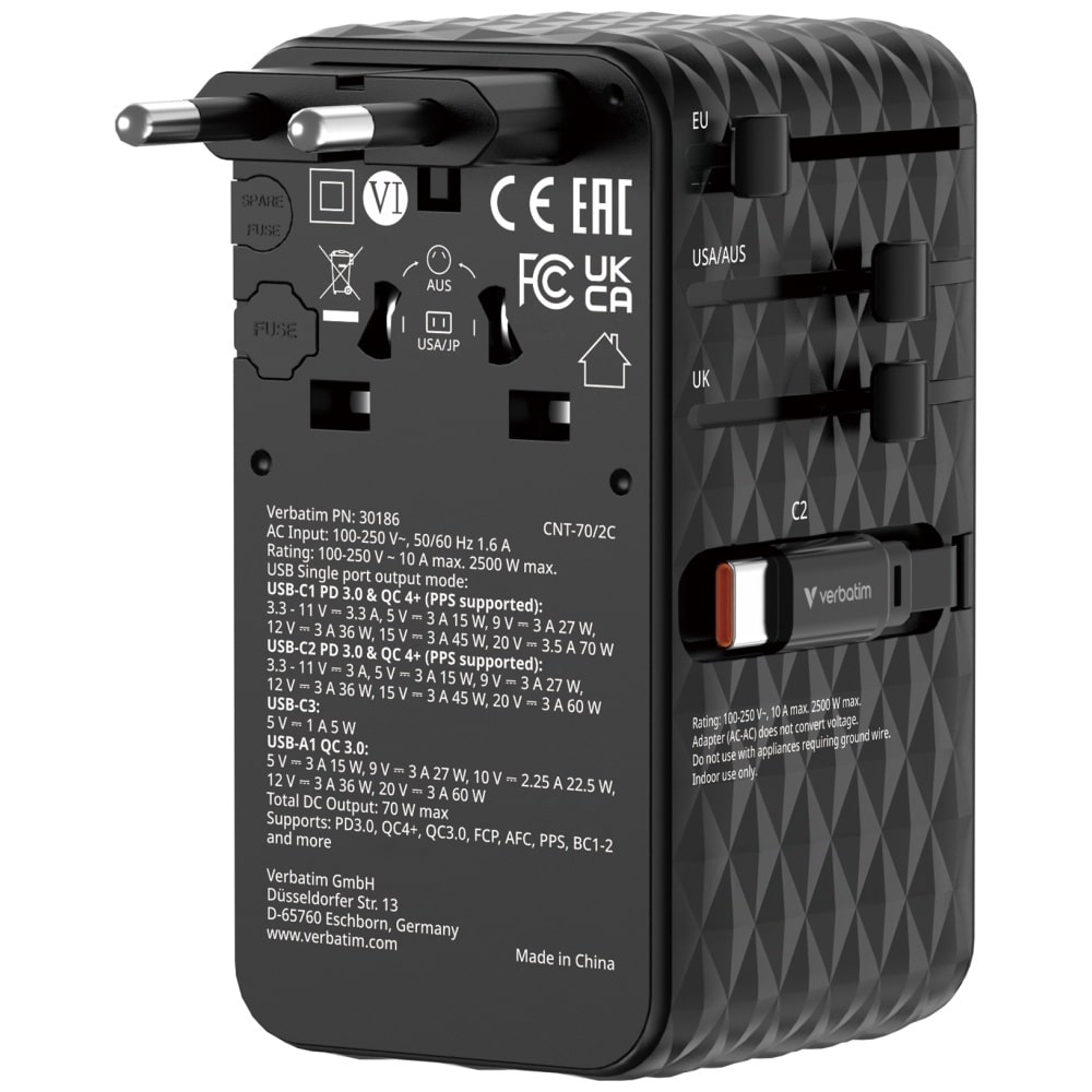 Verbatim Ταξιδιωτικός Αντάπτορας Eu/uk/us Gan 1xusb-C/1xusb-A/2xusb-C Pd 70w Μαύρος 30186 - Image 3