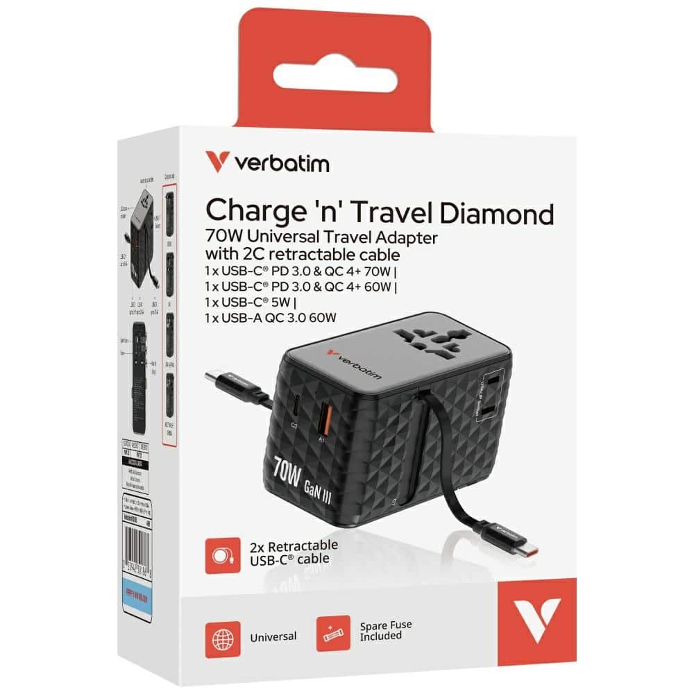Verbatim Ταξιδιωτικός Αντάπτορας Eu/uk/us Gan 1xusb-C/1xusb-A/2xusb-C Pd 70w Μαύρος 30186 - Image 7