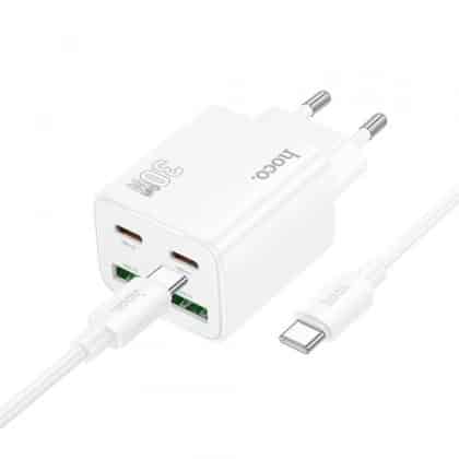 Wall Charger Hoco N56, 30w, 3a,  2 X USB-A - 2 X USB-C, With USB-C Καλώδιο, White