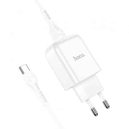 Wall Charger Hoco N2, 10w, 2a, 1 X USB-A, With USB-C Καλώδιο, White