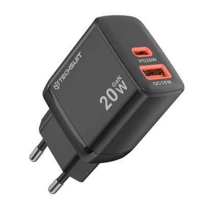 Techsuit - Φορτιστής Τοίχου Duonix 20w (ch2) - Type-C, USB, Διπλός Φορτιστής Ταξιδιού 20w - Μαύρος