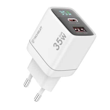 Techsuit - Φορτιστής Τοίχου Ledchargx (ch3) - Type-C, USB, Τεχνολογία Gan, Γρήγορη Φόρτιση, Led Οθόνη, Pd 35w - Λευκός