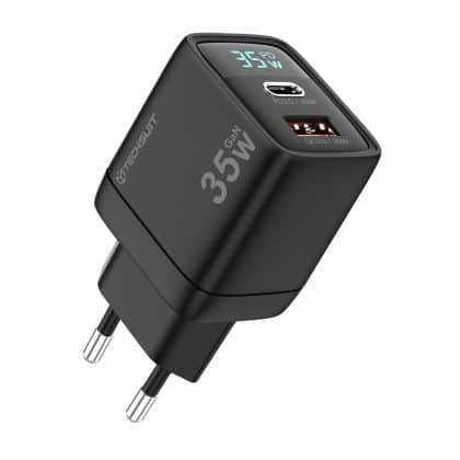 Techsuit - Φορτιστής Τοίχου Ledchargx (ch3) - Type-C, USB, Τεχνολογία Gan, Γρήγορη Φόρτιση, Οθόνη Led, Pd35w - Μαύρος